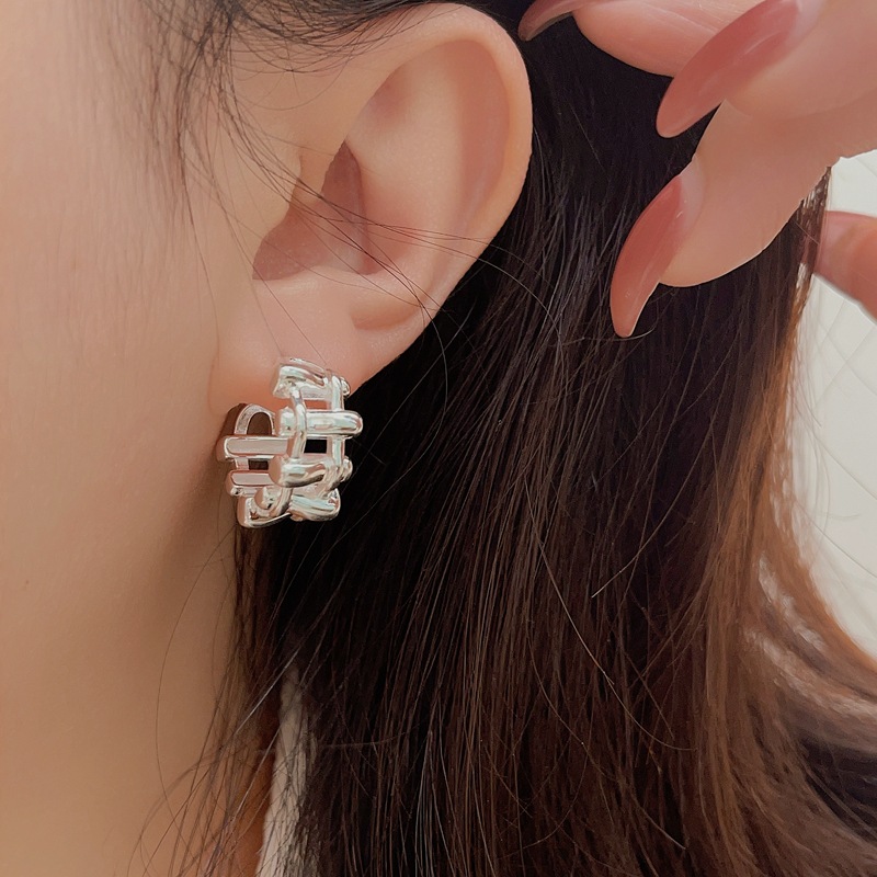 925银耳饰 S925纯银重工编织耳圈小众个性轻奢素款气质简约法式