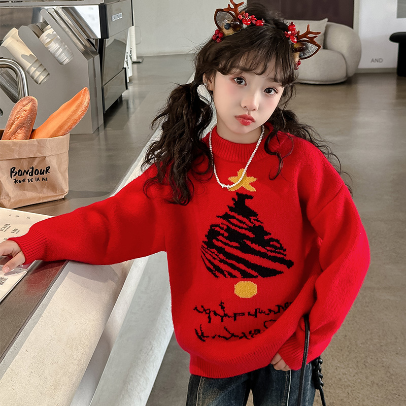 女童2023新年货红色针织衫冬季儿童洋气保暖套头毛衣女孩冬装上衣
