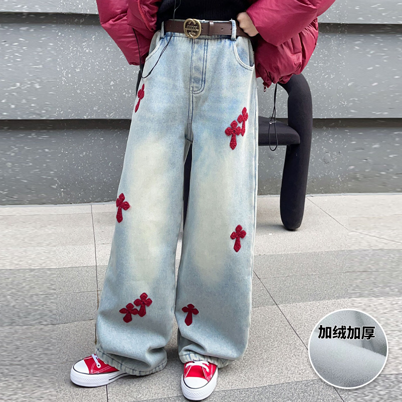 女童加绒牛仔裤2023冬季新款中大童宽松直筒裤儿童百搭休闲裤加厚