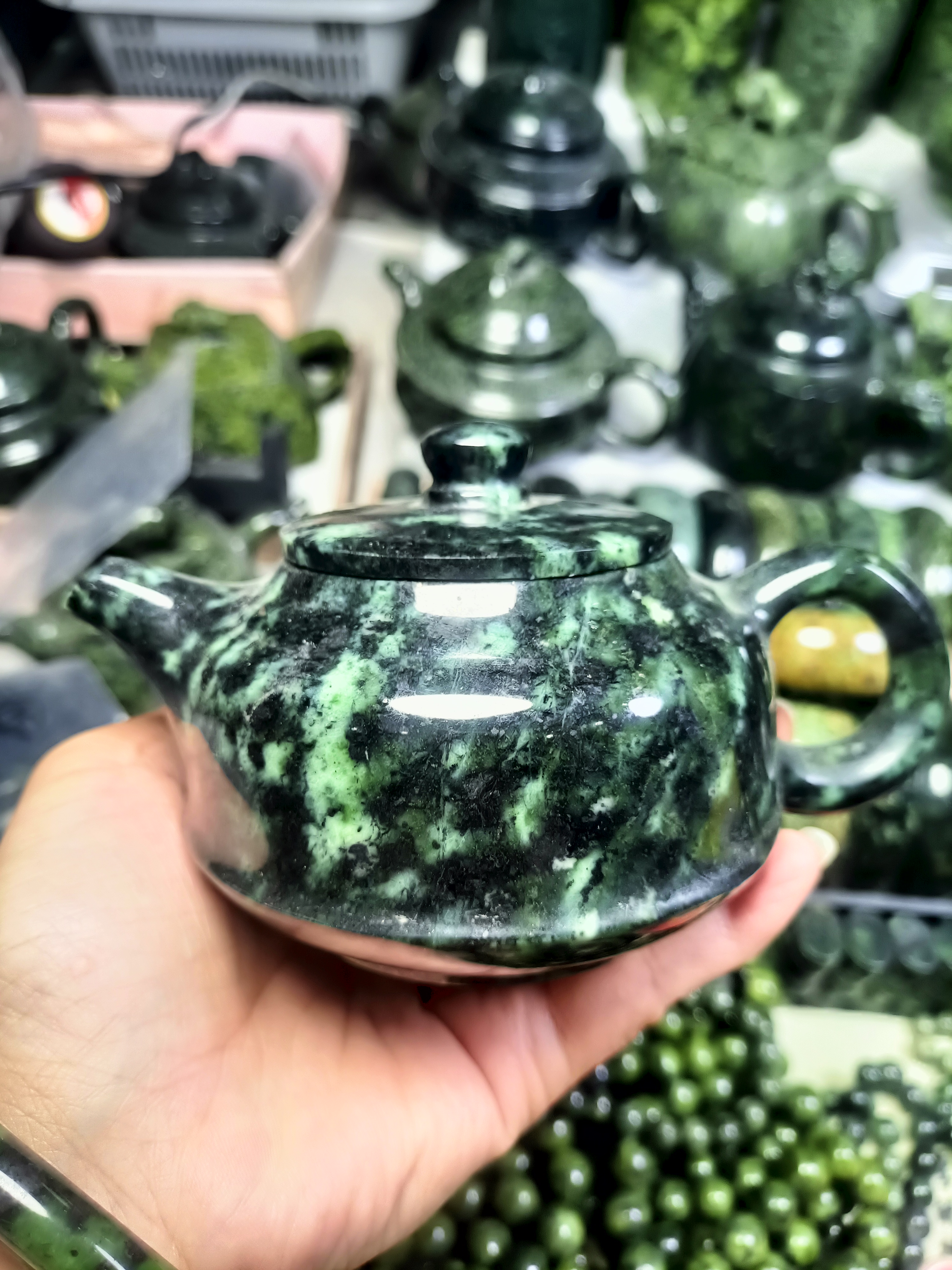 藏玉药王石蛇纹网格茶壶酒壶  15*8*10