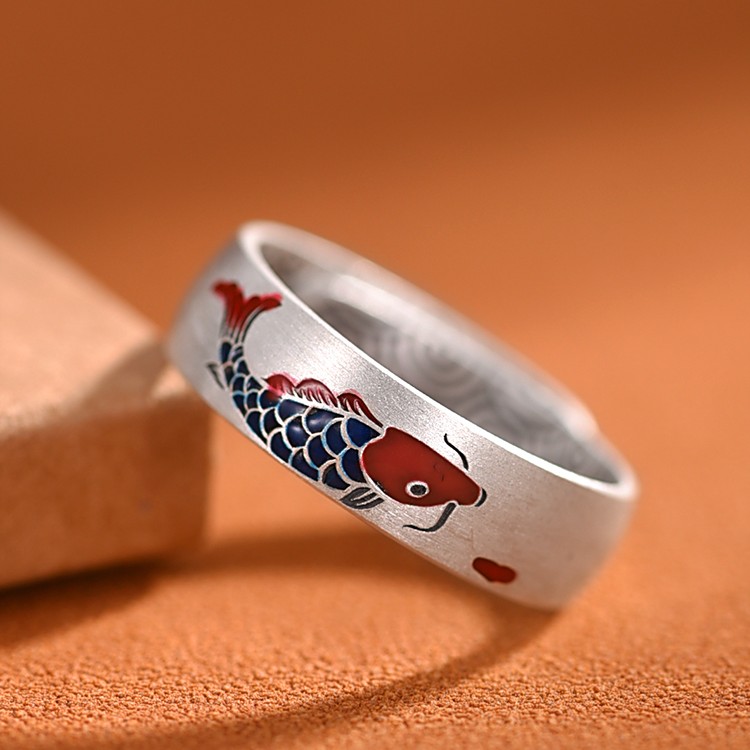 足银珐琅戒指 气质国潮古风红锦鲤珐琅开口戒指【足银999】
