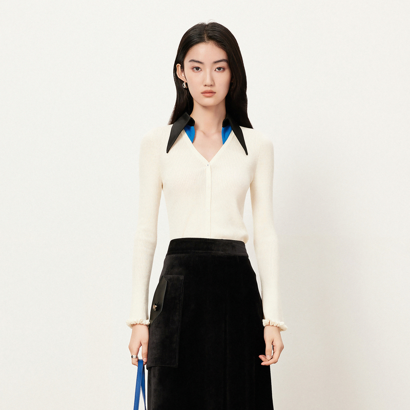 HPLY/荷比俪冬季新款拼接喇花针织衫HMD41650290