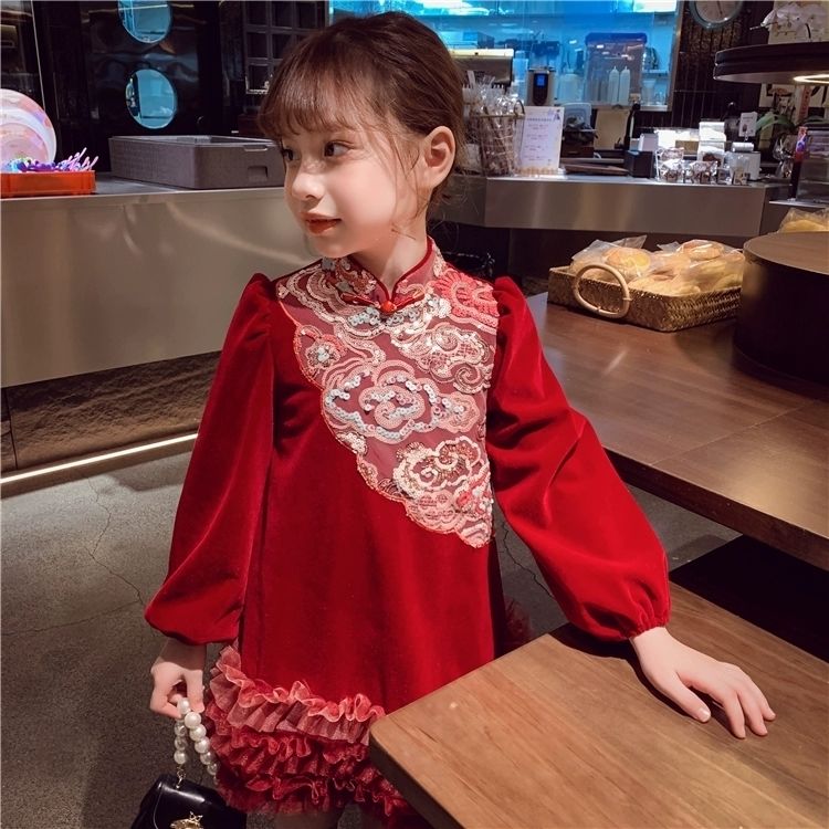 中国风连衣裙冬装2023新款洋气儿童红色公主裙女孩拜年服长袖宝宝