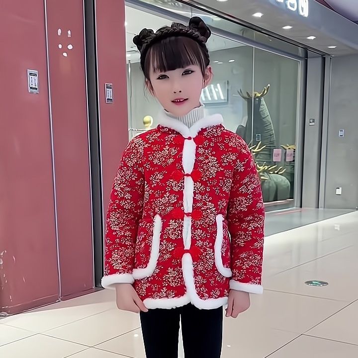 2023新款东北大花袄女童冬季洋气加绒加棉中大童网红中国风棉服