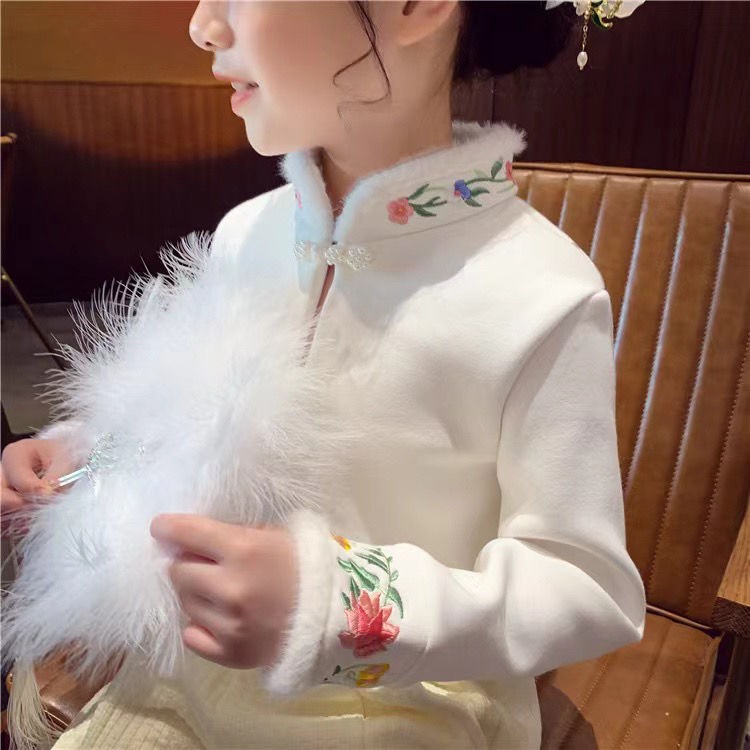 女童中国风加绒卫衣儿童2023冬款新中式刺绣衣服女孩打底上衣