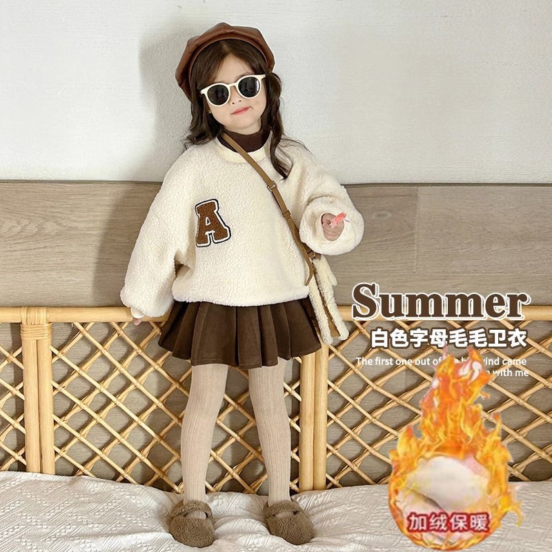 套装冬款加绒加厚毛毛衣秋冬新款小公主洋气百褶裙宝宝两件套白色