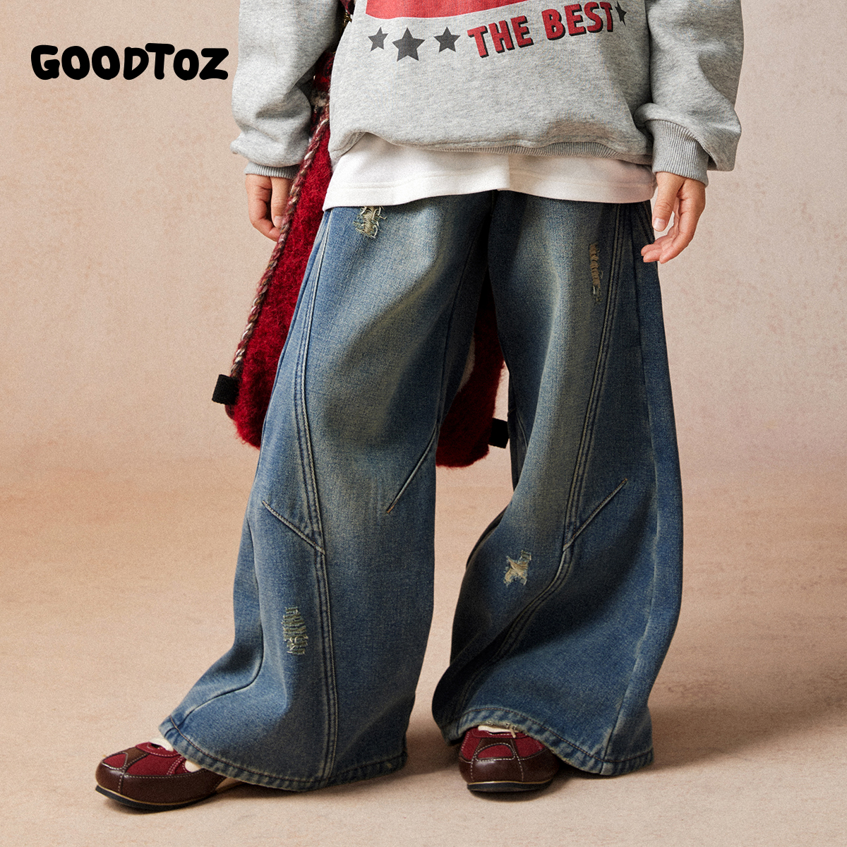 GOODTOZ 11/3【南港冬日】中大童牛仔裤分割磨破阔腿洗水牛仔裤
