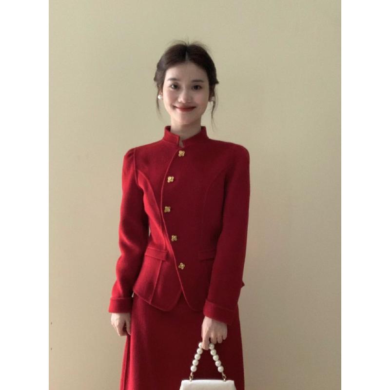 套装女2023冬季新款新中式毛呢外套红色气质上衣高腰显瘦半身裙潮