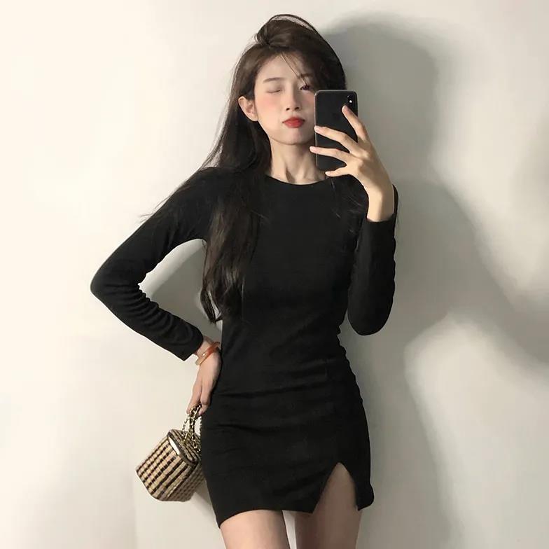 纯欲辣妹开叉黑色包臀裙长袖打底裙连衣裙女秋冬加厚显瘦气质裙子
