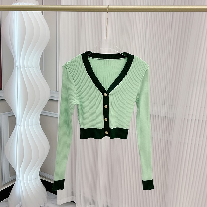 【108】|殴+|小香风针织外套女秋季V领撞色修身短款开衫上衣