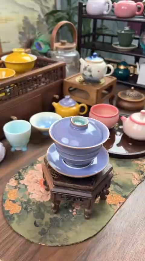 【闪购商品】陶瓷文涛窑丁香紫竹节三才盖碗