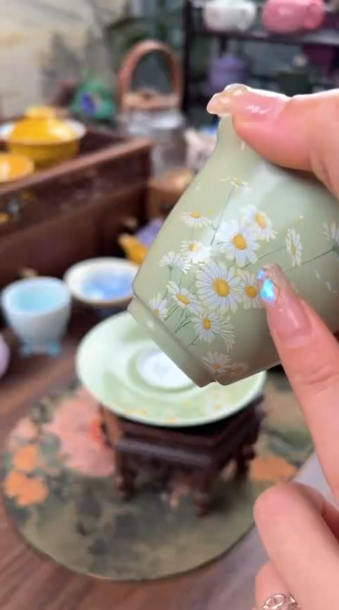 【闪购商品】陶瓷小雏菊翠绿三才盖碗