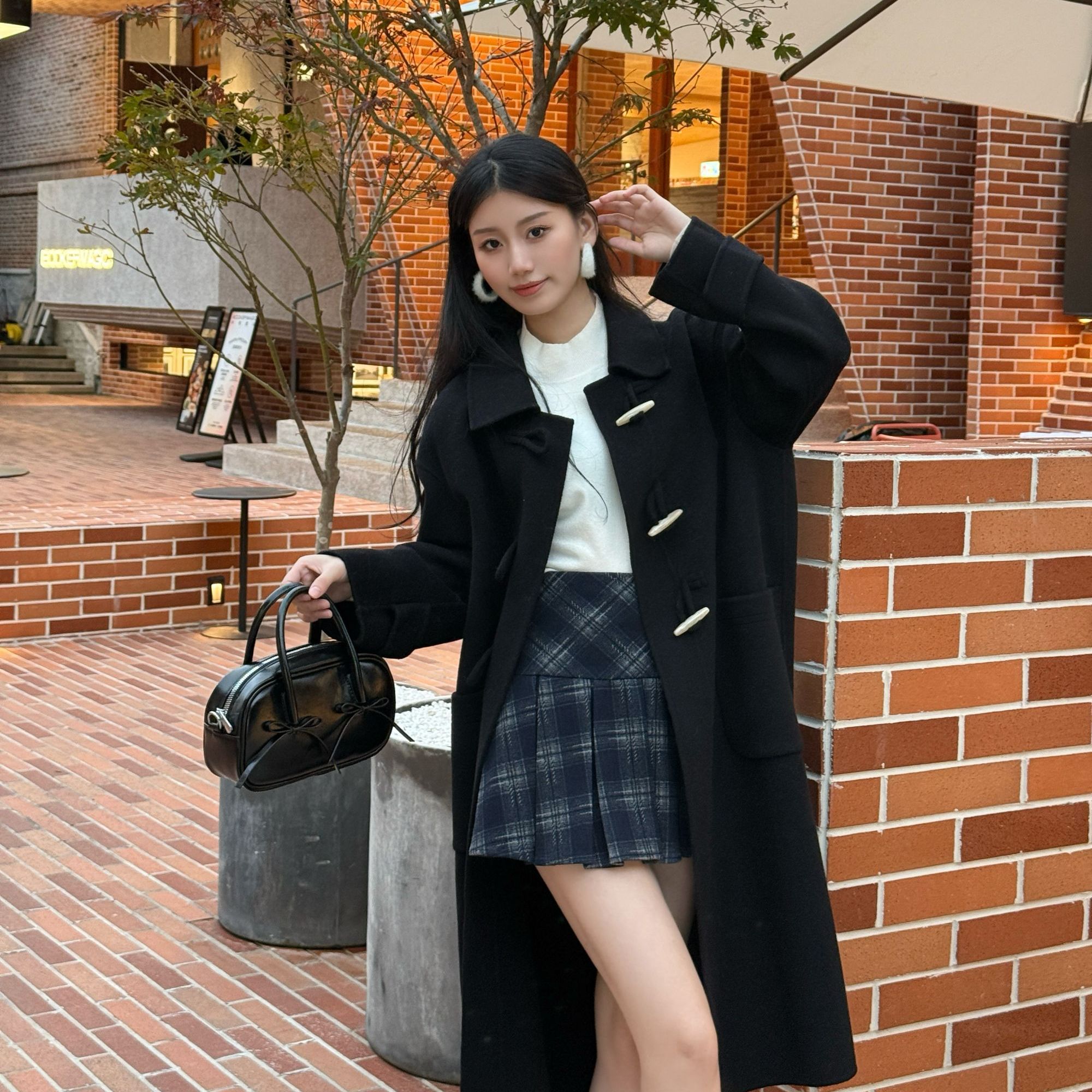 韩版牛角扣毛呢外套女秋冬中长款小个子呢大衣时尚百搭冬季气质