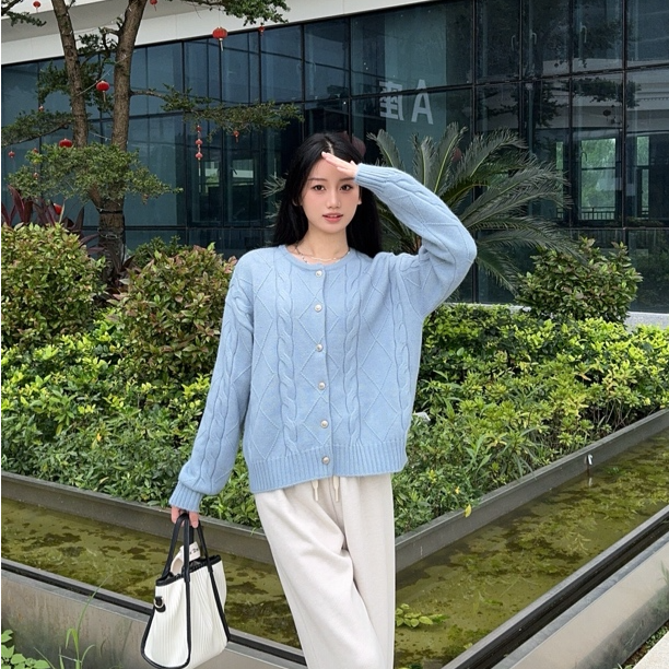 2024秋季新款蓝色毛衣开衫女麻花针织衫百搭直筒裤秋冬小香风气质