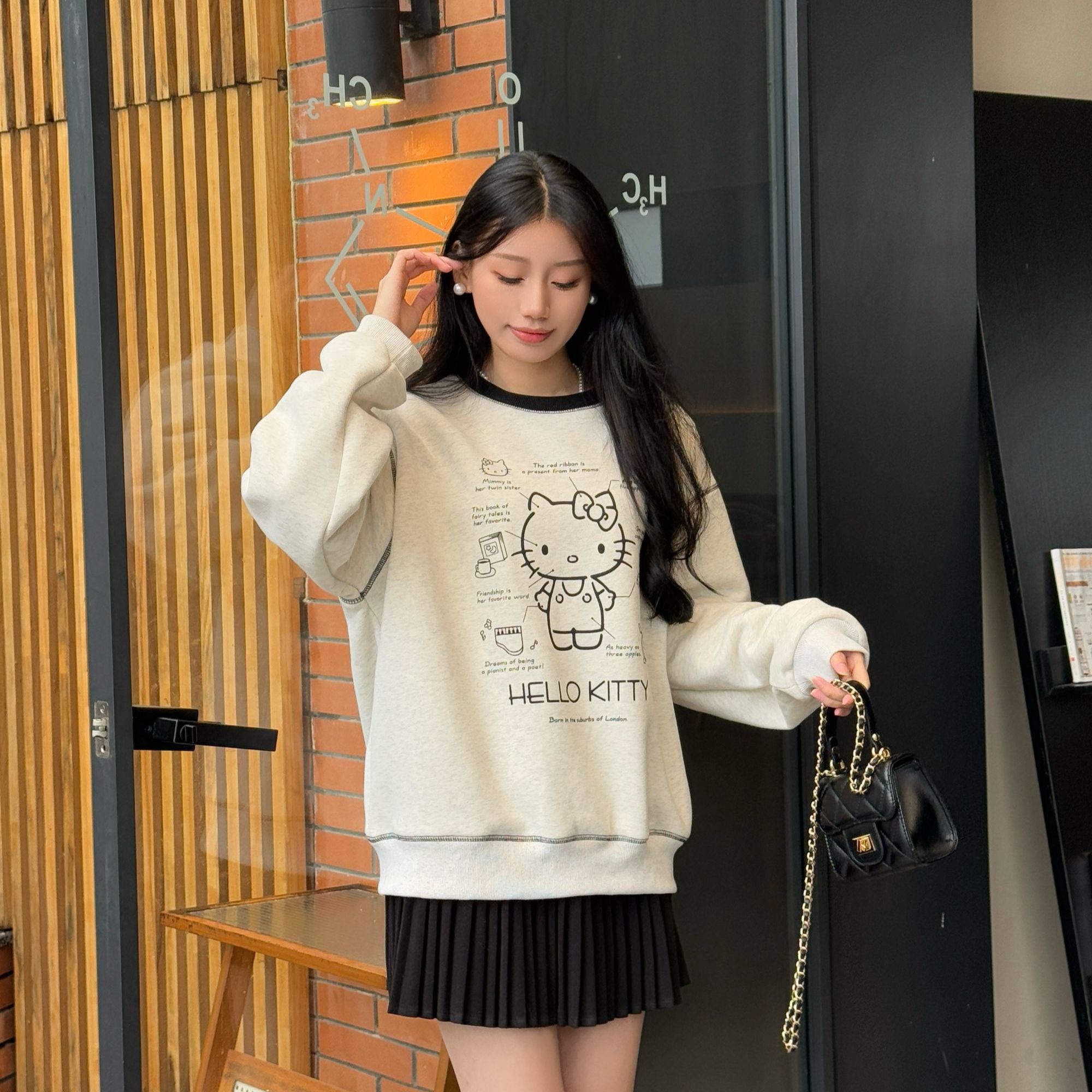 时尚休闲加绒Hello Kitty卫衣百搭长袖保暖圆领秋冬印花慵懒风