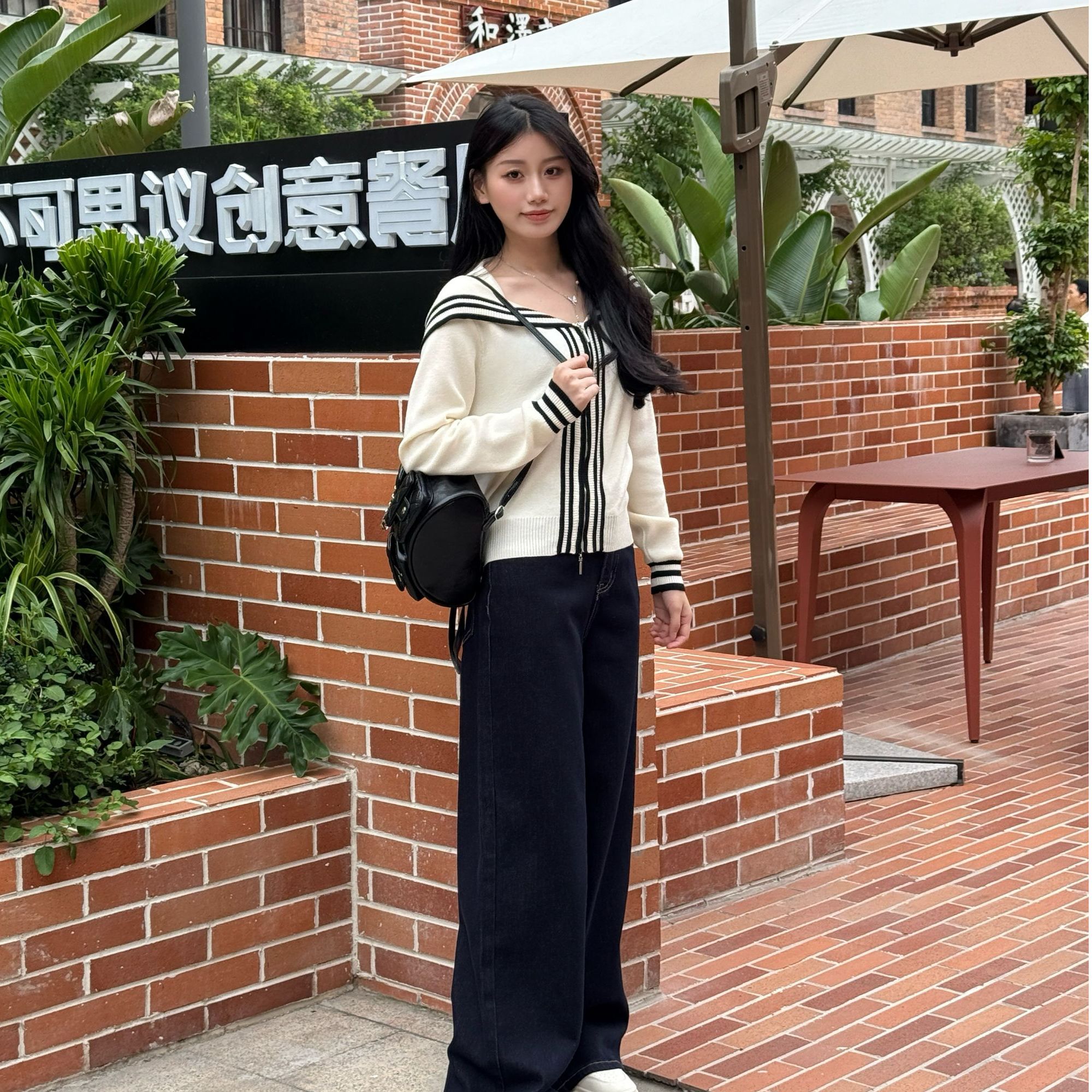 海军风针织开衫披肩上衣时尚显瘦牛仔裤两件套秋冬装休闲小个子