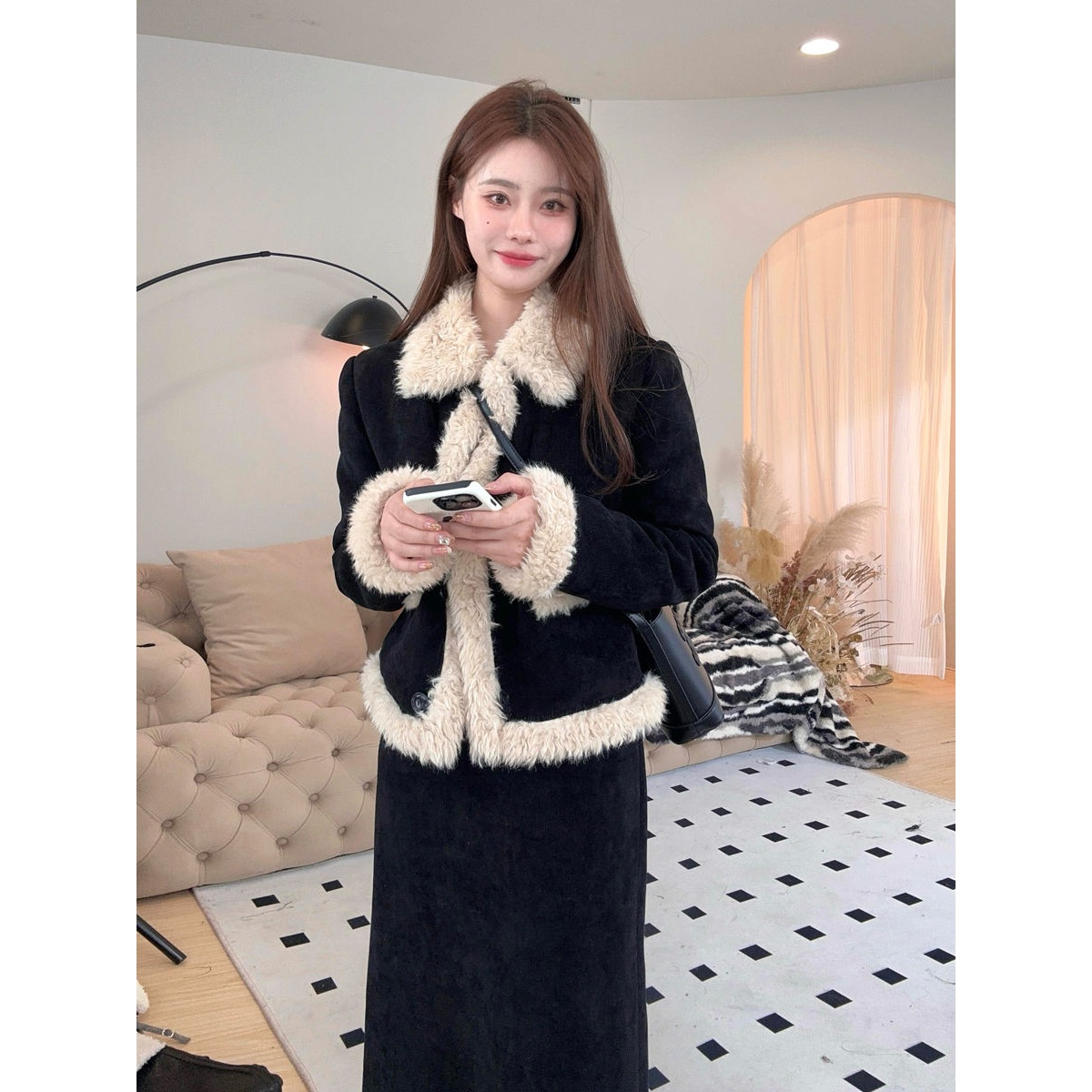 复古时尚套装女秋冬款拼接毛毛夹棉短外套+半身长裙两件套