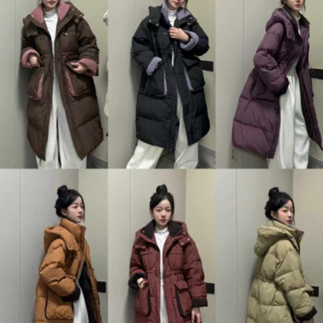 FEMCEO 黑色加厚灯芯绒短款拼接羽绒女冬季拼色长款连帽被子款