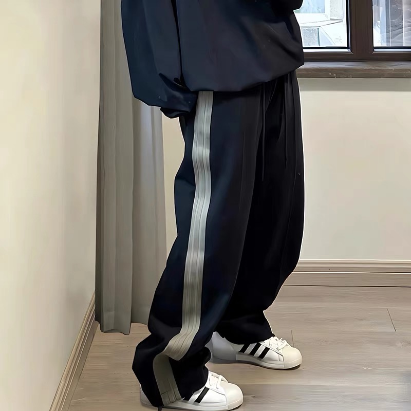 2025春季新款三条杠拉链直筒裤男女阔腿裤条纹休闲裤大码男装裤子