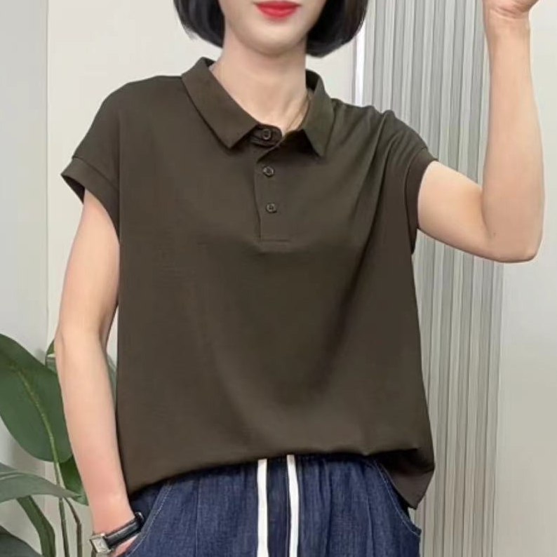 2025夏季新款纯色翻领纽扣时尚减龄休闲百搭简约气质短袖上衣6723