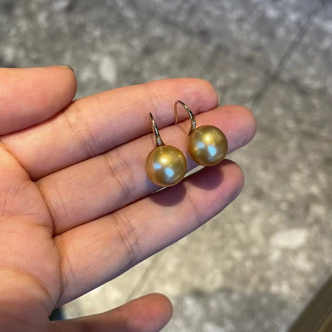 经典高跟鞋南洋金珠浓金珍珠耳环18K极光金色真金耳勾