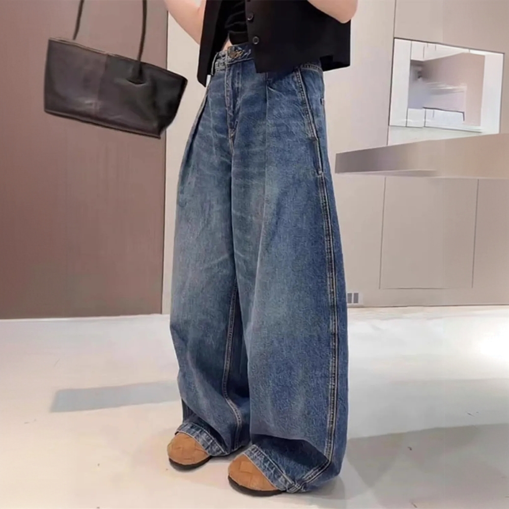 美式复古弯刀阔腿牛仔裤女秋冬新款褶皱设计感宽松垂感廓形拖地裤