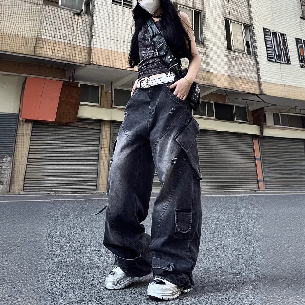 大码美式高街hiphop嘻哈重工多口袋牛仔裤女直筒工装阔腿拖地长裤