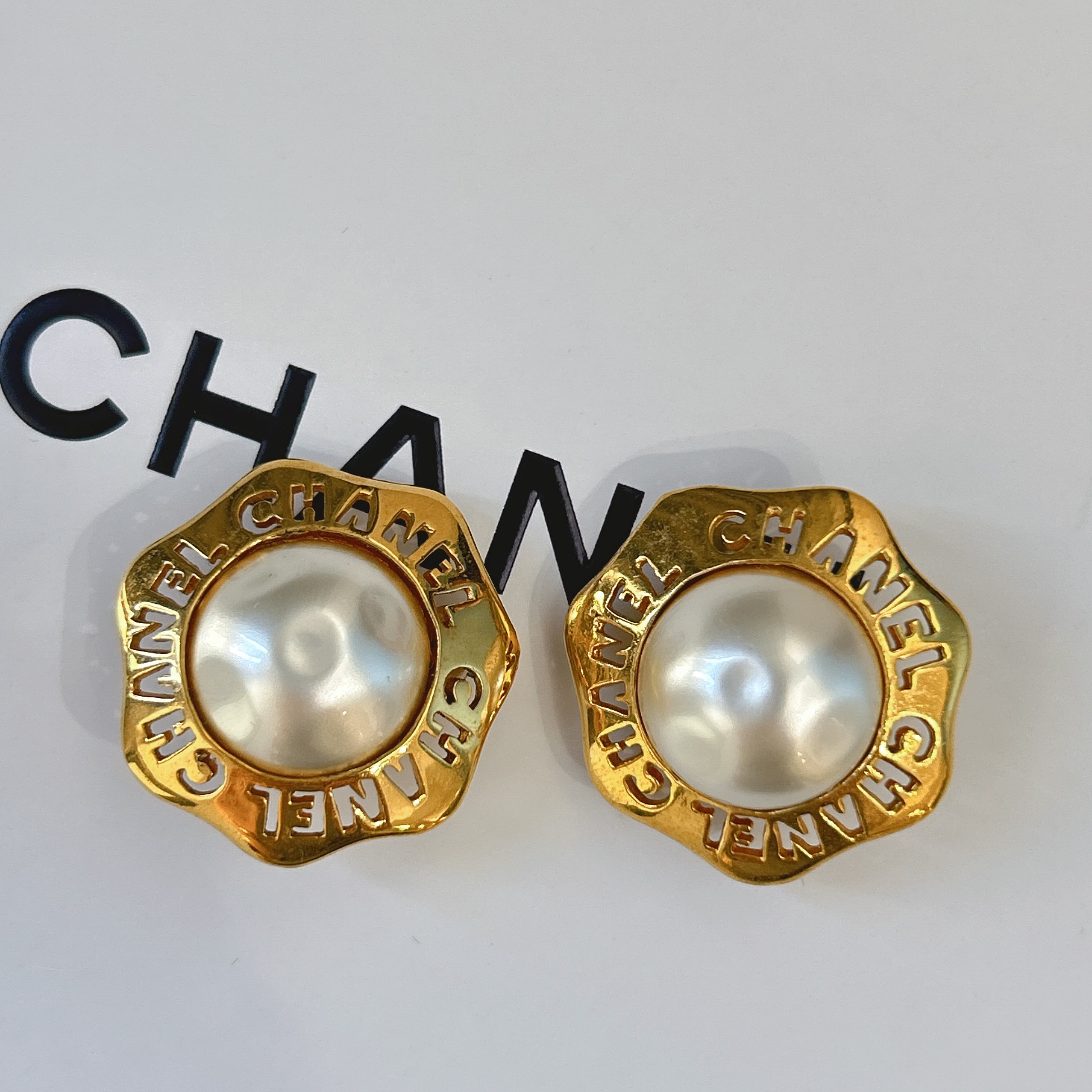 95新 Chanel/香奈儿 Chanel vintage香奈儿中古镂空字母珍珠耳夹