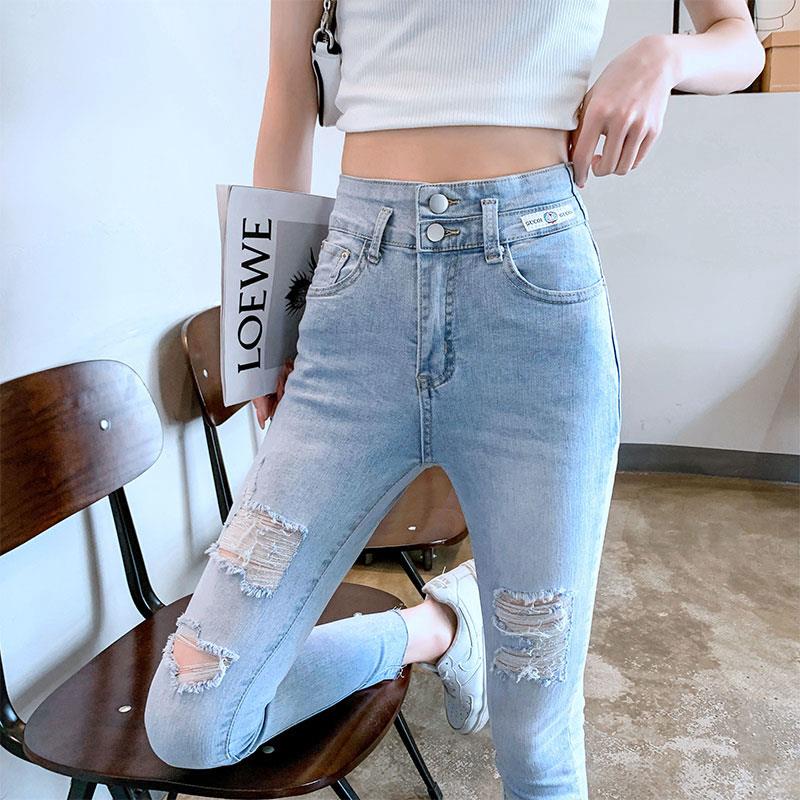 浅色紧身牛仔裤女九分夏秋季薄款2023年新款高腰小个子破洞小脚裤