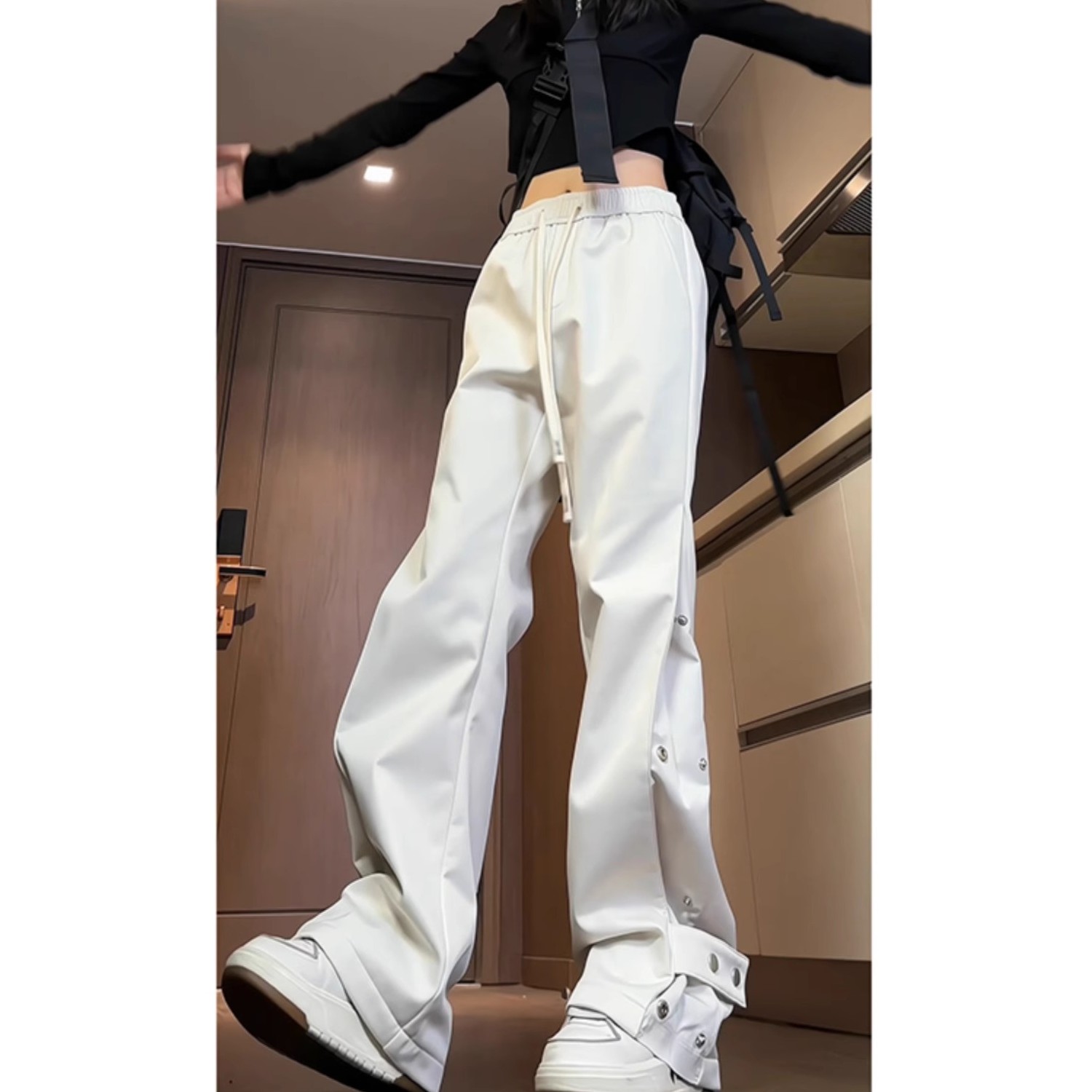 排扣冲锋裤男款秋冬美式vibe机能工装裤秋冬加绒修身微喇直筒裤子