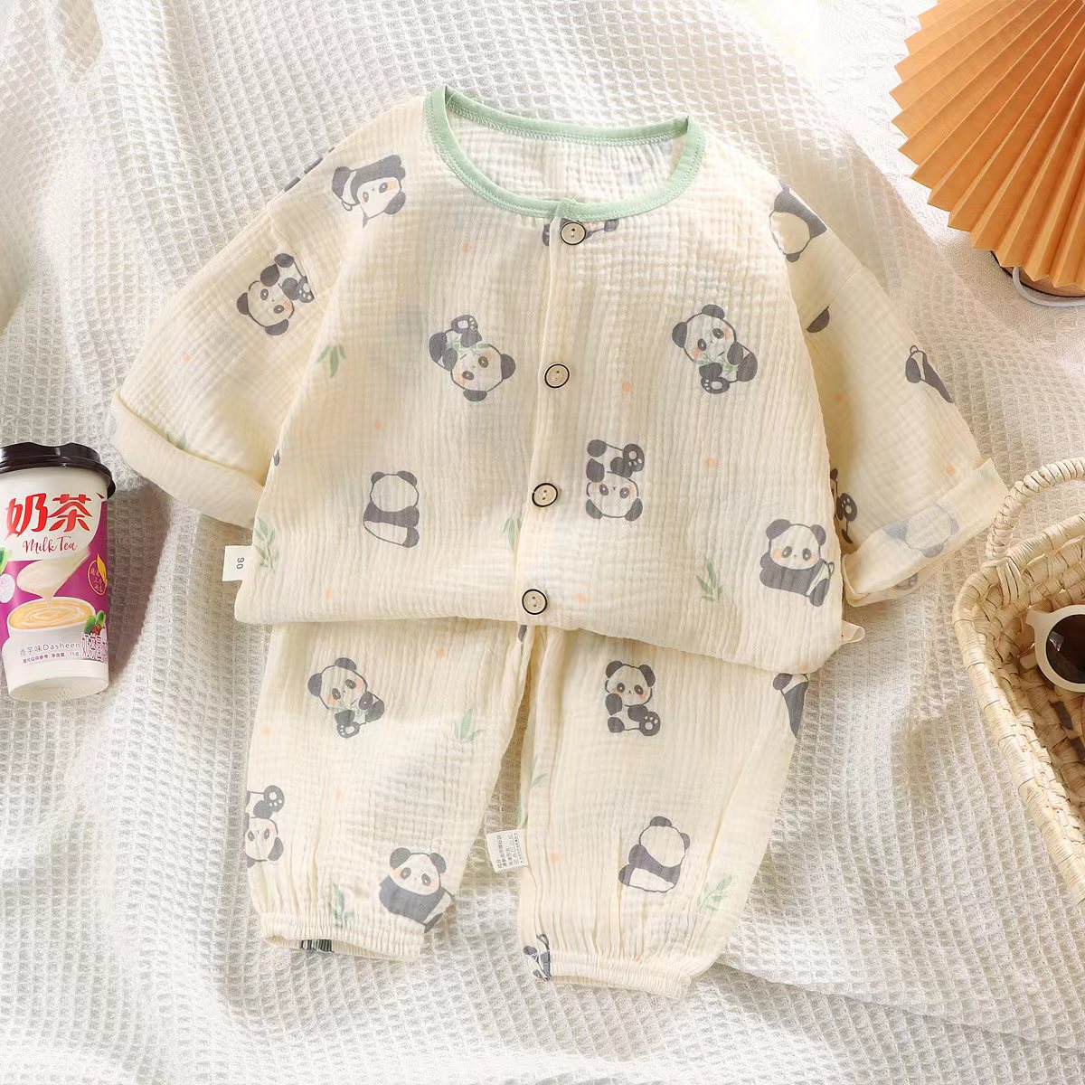 新款双层纱布家居套装纯棉秋季空调服套装婴幼儿宝宝透气睡衣