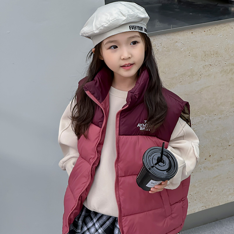 2024棉儿童马甲秋冬新款男童女童加厚拼色刺绣立领保暖马甲冬装