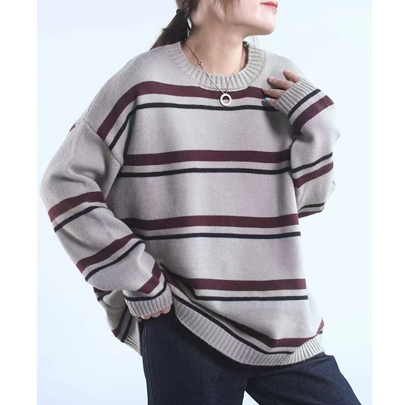 秋冬装2024新款女韩版宽松针织条纹打底毛衣女