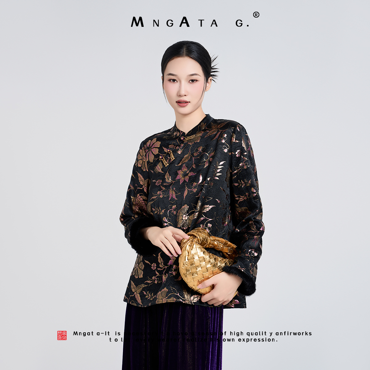 MNGATA G.宫小妍【沉香榭】新中式中国风醋酸拼水貂秋冬上衣X280402