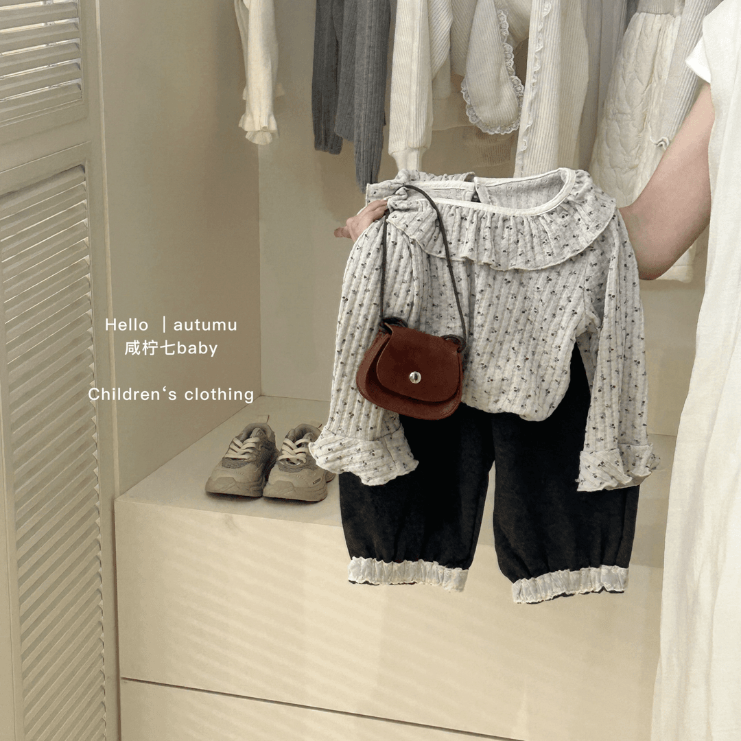 女童套装新款韩版春秋宝宝柔软碎花娃娃领打底衫宽松灯笼裤两件套