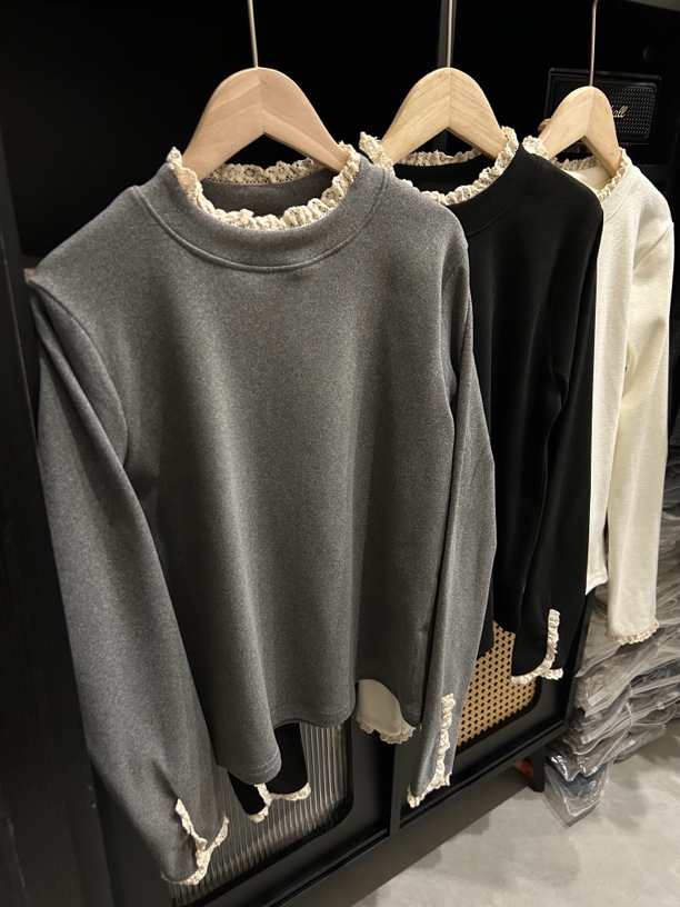 德绒双面蕾丝木耳边半高领打底衫女秋冬高级感小香风内搭加绒上衣