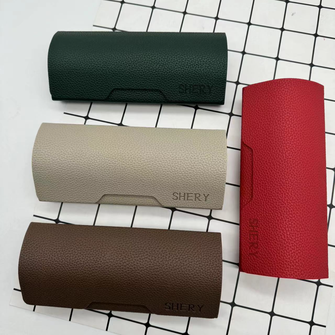 眼镜盒批发 简约复古纹皮质眼镜盒 光学眼镜盒 纯手工抗压眼镜盒 