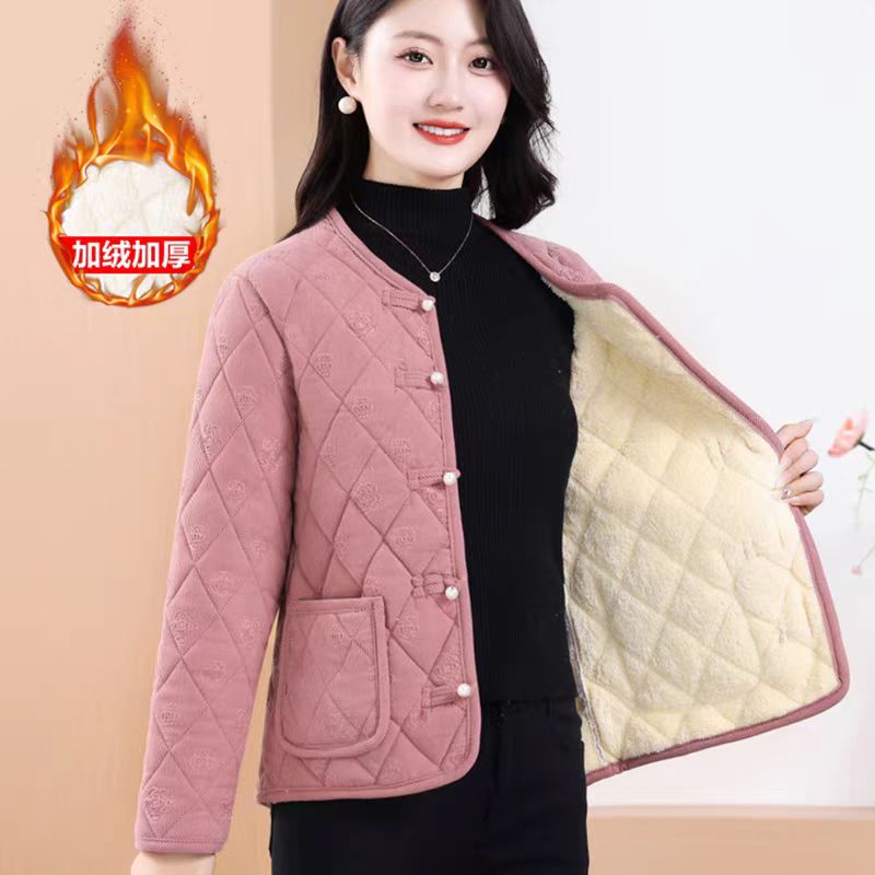 新中式2024秋冬新款棉袄女士国风盘扣加绒外套复古装条绒上衣