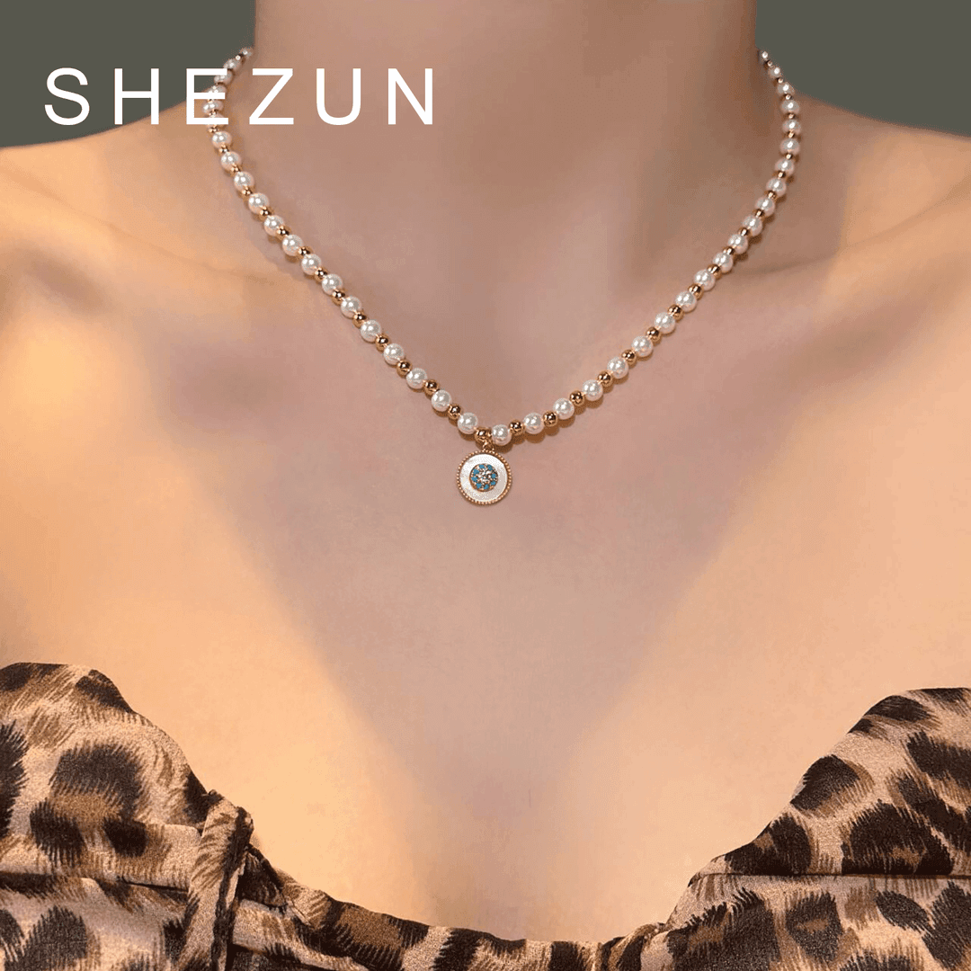 铜合金仿珍珠项链 珠珠项链女圆牌吊坠锁骨链SZ117