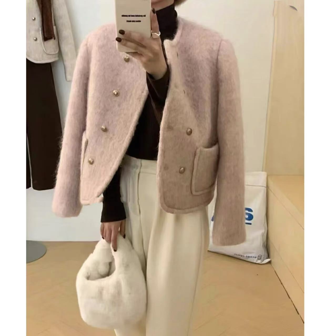 大涛家宠粉小香风外套女2025新款粉色加厚短款开衫富家千金感外套