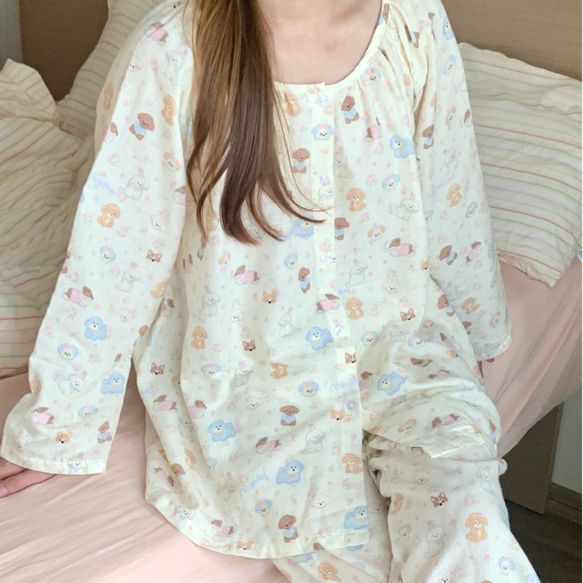 少女可爱卡通小狗印花长袖睡衣女春秋款新款开衫长裤家居服套装