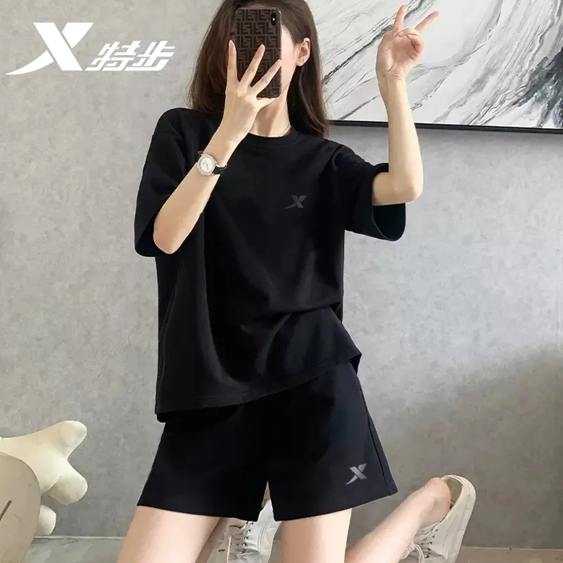 特步运动套装女2025夏季正品短袖短裤正品跑步健身两件套清凉薄款
