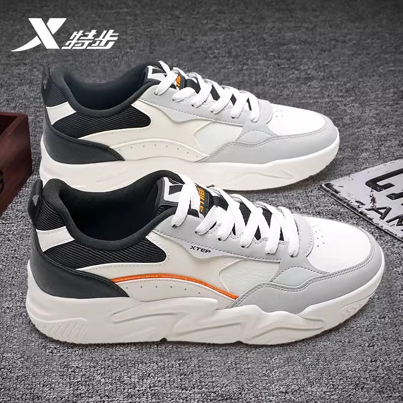 特步男鞋夏季2025新款板鞋休闲鞋皮面防水老爹鞋男士软底运动鞋男