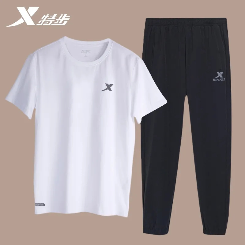 特步运动套装男夏季爸爸装正品短袖长裤运动服冰丝速干两件套正品
