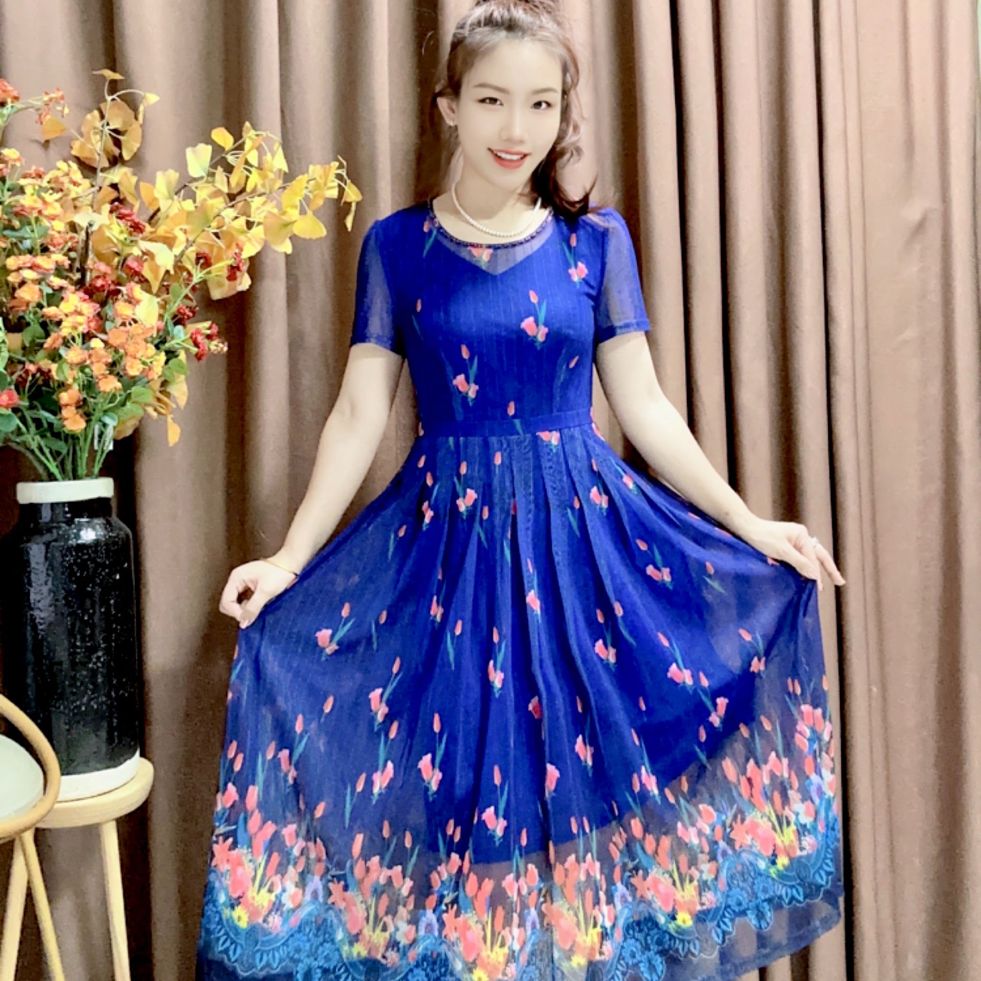 S 1825 # 优雅气质妈妈装连衣裙显瘦洋气