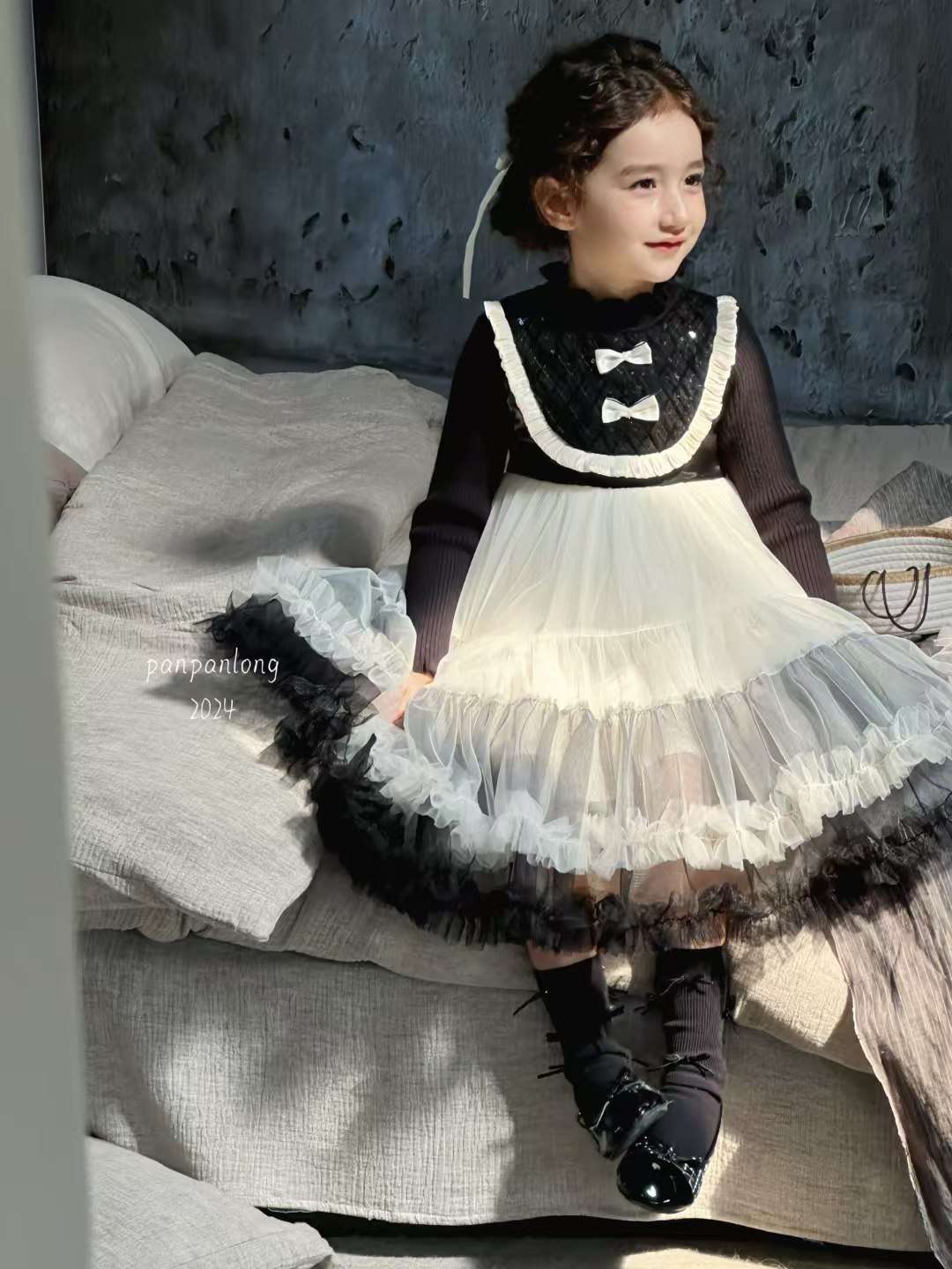 女童秋冬公主连衣裙网纱拼接长袖洋气高档生日裙