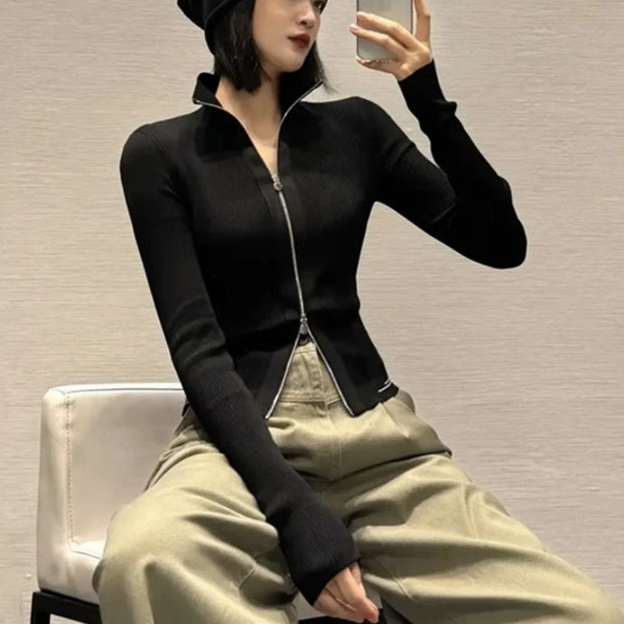 【专柜品质】秋季修身气质双头拉链针织开衫外套女1499233