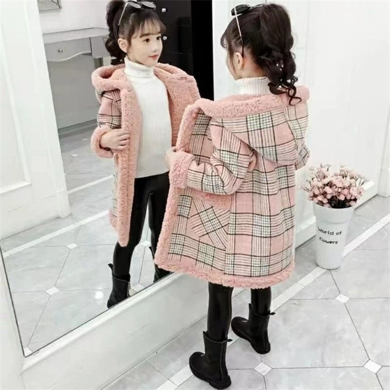 女童格子外套秋冬2023新款仿羊羔毛小女孩中长款洋气加绒加XIANNL