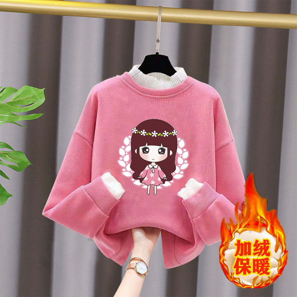 女童加绒卫衣中厚2023秋冬季新款韩版洋气一体绒上衣蕾丝绒XIANNL