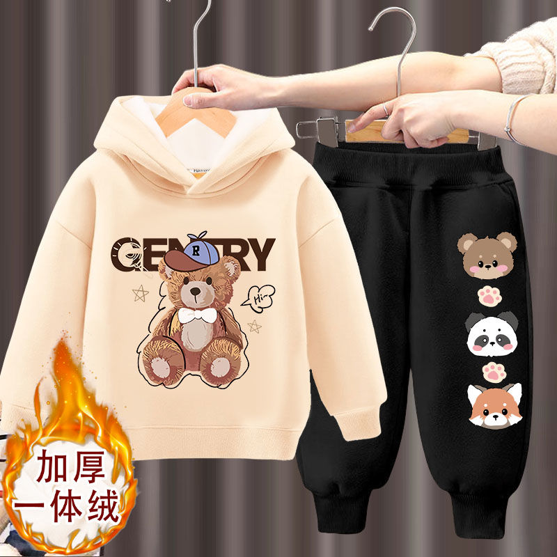 男童加绒套装冬季新款洋气女童保暖衣服一体绒加厚卫衣卫裤XIANNL